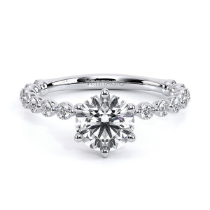 Verragio Renaissance-989R20 14 Karat engagement ring, round brilliant centre engagement ring in white metal, top view with diamond and bead band