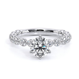 Verragio Renaissance-989R25 14 Karat engagement ring, round brilliant centre engagement ring in white metal, top view with shared-prong diamond band