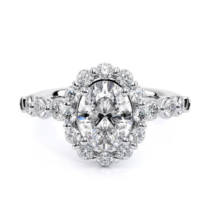 Verragio Renaissance-990OV25 14 Karat engagement ring, oval centre in scalloped halo, white metal, top view
