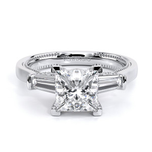 Verragio Renaissance-991P-S 14 Karat engagement ring, princess cut engagement ring with tapered baguette sides, top front view