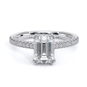 Verragio Renaissance-992EM13 14 Karat engagement ring, emerald cut engagement ring with pave band, top front view