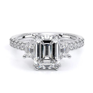 Verragio Renaissance-993EM17 14 Karat engagement ring, top view, emerald cut three stone engagement ring with pave band in white metal