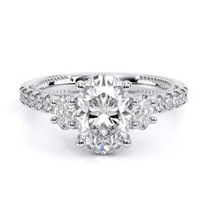 Verragio Renaissance-993OV17 14 Karat engagement ring, top view, oval three stone engagement ring with pave band in white metal