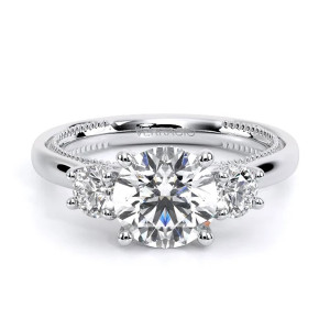 Verragio Renaissance-993R-S 14 Karat engagement ring, top view, round three stone engagement ring in white metal