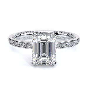 Verragio Renaissance-SLD301EM 14 Karat engagement ring, top view, emerald cut engagement ring with diamond lined band in white metal