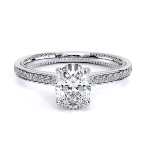 Verragio Renaissance-SLD301OV 14 Karat engagement ring, top view, oval engagement ring with diamond lined band in white metal