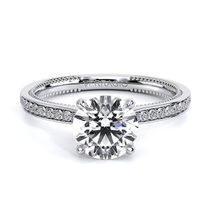 Verragio Renaissance-SLD301R 14 Karat engagement ring, top view, round engagement ring with diamond lined band in white metal