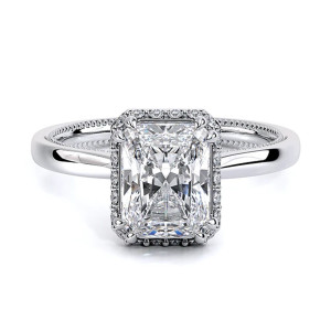 Verragio Renaissance-SOL302XEM 14 Karat engagement ring, emerald cut hidden halo engagement ring in white metal, upright top front view