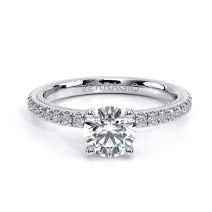 Verragio Tradition-150R4 18 Karat engagement ring, round four prong pave engagement ring in white metal, upright front view