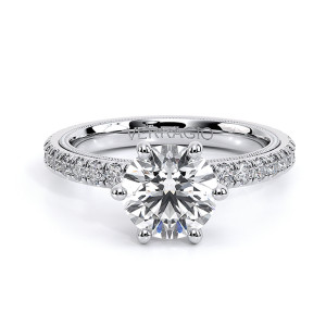 Verragio Tradition-180R6 Platinum engagement ring, round six prong pave engagement ring in white metal, upright front view
