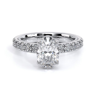 Verragio Tradition-250DBOV 14 Karat engagement ring, oval diamond engagement ring with hidden halo and pave band, top view