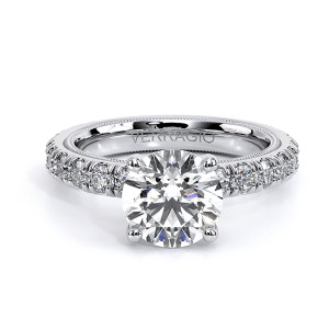 Verragio Tradition-250RD4 14 Karat engagement ring, round diamond engagement ring with diamond accented prongs, top view