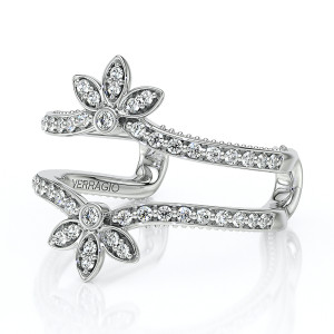 Verragio Vanguard-2033W 14 Karat ring embellisher, angled view of pave rails and flower motifs