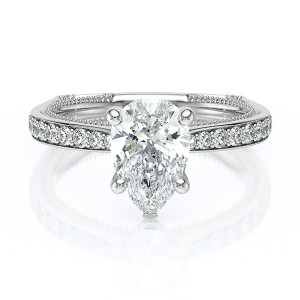Verragio Vanguard-2203PS17 14 Karat engagement ring, white gold pear centre engagement ring, front view of channel set diamond band