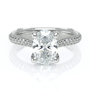 Verragio Vanguard-2204OV 14 Karat engagement ring, white gold oval centre engagement ring, front view of knife edge pave band