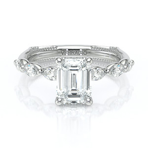 Verragio Vanguard-2205EM 14 Karat engagement ring, white gold emerald cut engagement ring, front view of marquise set band