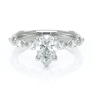 Verragio Vanguard-2205PS 14 Karat engagement ring, white gold pear centre engagement ring, front view of marquise set band