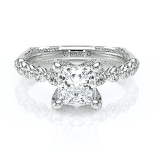Verragio Vanguard-2206P 18 Karat engagement ring, white gold princess cut engagement ring, front view of graduated round diamond band