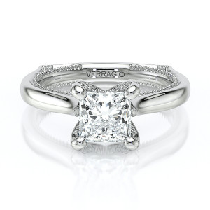 Verragio Vanguard-2207P-S 14 Karat engagement ring, solitaire top view, princess cut centre in four claw prongs on a plain polished shank