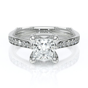 Verragio Vanguard-2207P 14 Karat engagement ring, engagement ring top view, princess cut centre in four claw prongs with tapering diamond shoulders