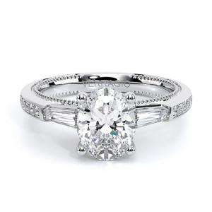 Verragio Venetian-5085OV 14 Karat engagement ring, three stone engagement ring top view, oval centre with tapered baguette sides