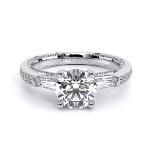 Verragio Venetian-5085R 14 Karat engagement ring, top view, round brilliant centre with tapered baguette side stones in white metal