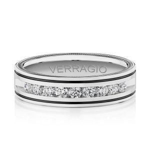 Verragio VWRD-6702-25 14 Karat men's wedding band, top view of the channel set diamonds and black groove accents