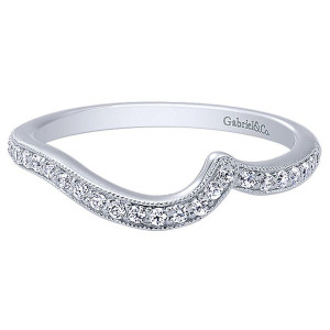 Gabriel & Co. WB10241W44JJ 14 karat white gold wedding band, front view of an asymmetric swirl where bead set stones run between milgrain rails