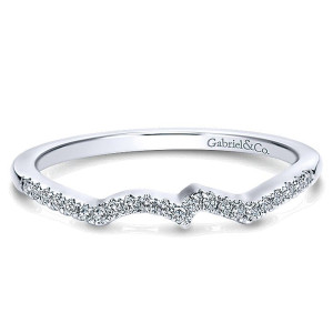 Gabriel & Co. WB7756W44JJ 14 karat white gold wedding band, front view of a wavy contour row of small stones in fine prongs