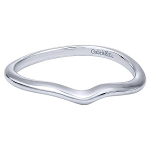 Gabriel & Co. WB7774W4JJJ 14 karat white gold wedding band, front view of a plain unset contour with a soft dip curving across the middle