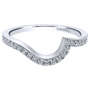 Gabriel & Co. WB7775W44JJ 14 karat white gold wedding band, front view of a deeply curved milgrain edged row whose stones grow toward the crest