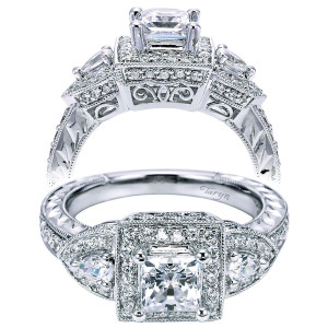 Taryn 14k White Gold Princess Cut 3 Stones Halo Engagement Ring TE5754W44JJ