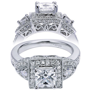 Taryn 14k White Gold Princess Cut 3 Stone Halo Engagement Ring TE5755W44JJ