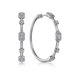 Gabriel Fashion 14K White Gold Diamond Baguette Classic Hoop Earrings EG14276W44JJ
