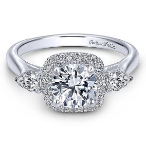 Gabriel 14 Karat 3 Stones Halo Engagement Ring ER10785W44JJ