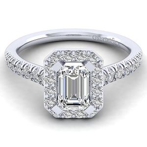 Gabriel 14 Karat Emerald Cut Halo Engagement Ring ER14101W44JJ