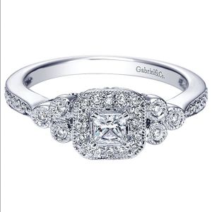 Gabriel 14 Karat Princess Cut 3 Stone Halo Engagement Ring ER4269W44JJ