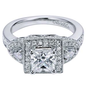 Gabriel 14 Karat Princess Cut 3 Stone Halo Engagement Ring ER5755W44JJ