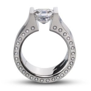 Kretchmer 18 Karat Hard Omega Hard for Rectangular Cut Stone with Flush Set Diamonds Tension Set Ring