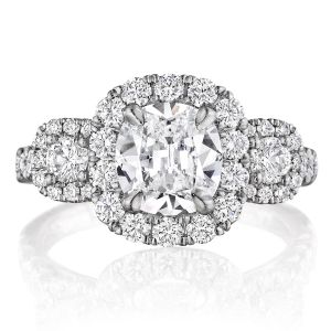 Henri Daussi ACMB Cushion Halo Three Stone Diamond Engagement Ring