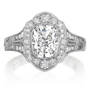 Henri Daussi AFL Cushion Halo Antique Engraved Diamond Engagement Ring