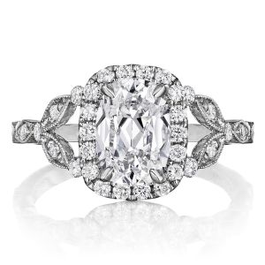 Henri Daussi AGCS Cushion Halo Floral Inspired Antique Diamond Engagement Ring