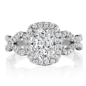 Henri Daussi AKSA Cushion Halo Interlaced Shank Diamond Engagement Ring