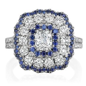 Henri Daussi ANCB Triple Cushion Halo Diamond & Sapphire Engagement Ring