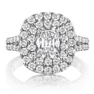 Henri Daussi AQS Cushion Double Halo Spilt Shank Diamond Engagement Ring