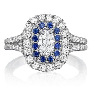 Henri Daussi AQSB Cushion Double Halo Diamond & Sapphire Engagement Ring