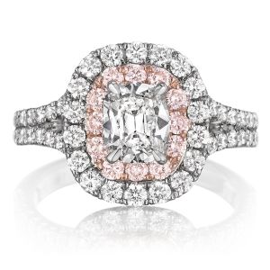 Henri Daussi AQSP Cushion Double Halo with Pink Diamonds Engagement Ring