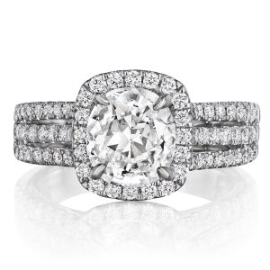 Henri Daussi ATR Cushion Halo Triple Shank Diamond Engagement Ring