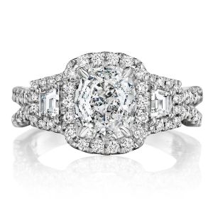 Henri Daussi ATRP Cushion Halo with Trapezoid Diamonds Engagement Ring