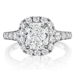 Henri Daussi AV Cushion Halo Graduated Accent Diamonds Engagement Ring